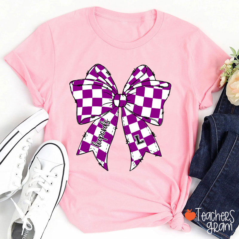 Personalized  Mascot Checkered Bow Game Day Teacher T-Shirt