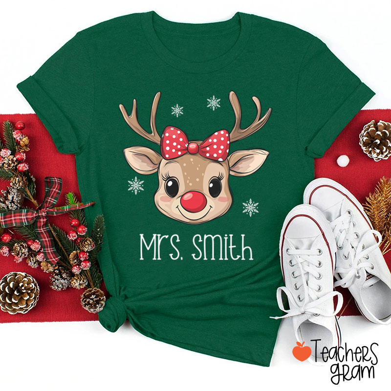 Personalized Name Cute Bow Reindeer Teacher T-Shirt