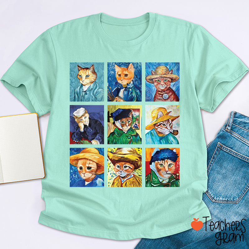 Funny Cats Painting Van Gogh Art Lover Teacher T-Shirt