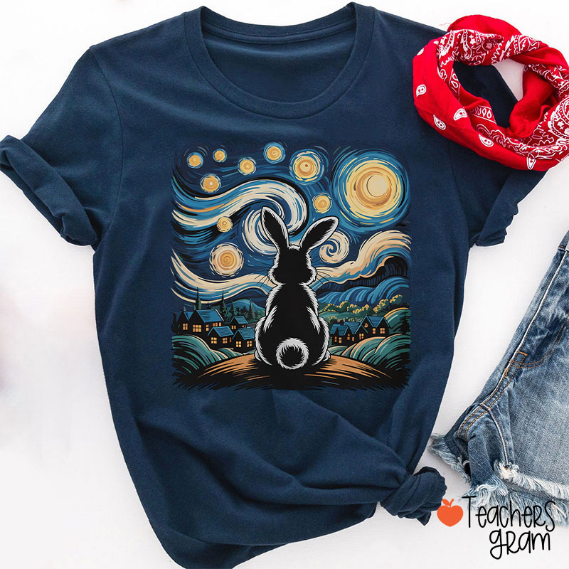 Starry Night Van Gogh Rabbit Teacher T-Shirt