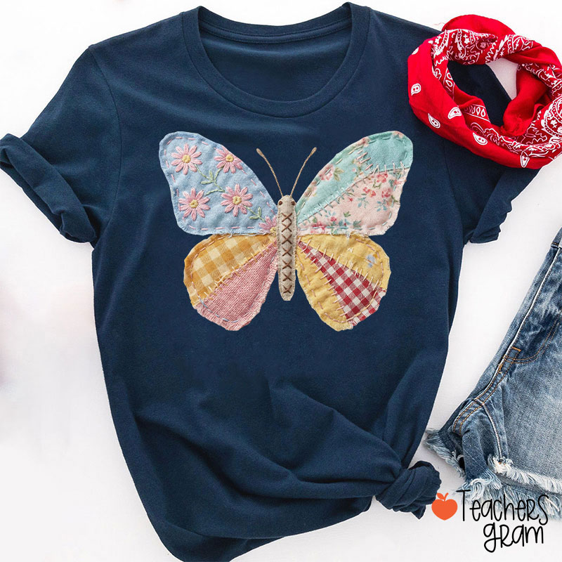 Faux Patchwork Butterfly Teacher T-Shirt