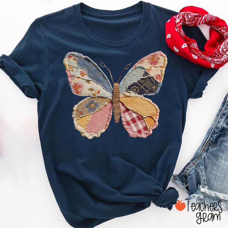 Faux Patchwork Butterfly Teacher T-Shirt