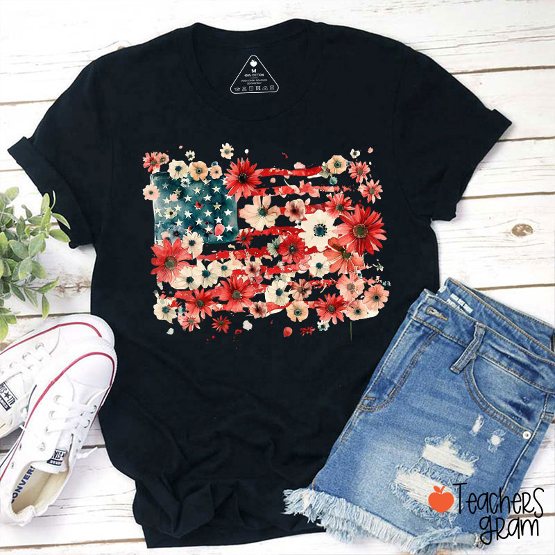 American Flag Floral Teacher T-Shirt