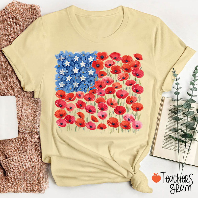 Floral USA Flag 250th Anniversary Teacher T-Shirt