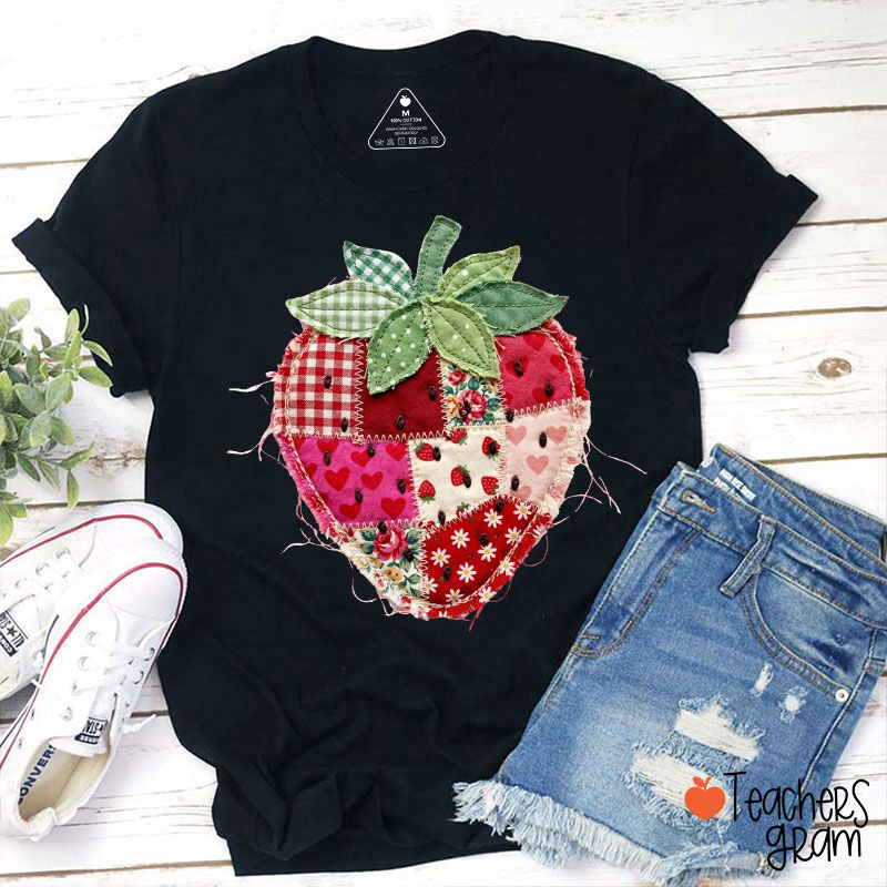 Faux Patchwork Strawberry Teacher T-Shirt