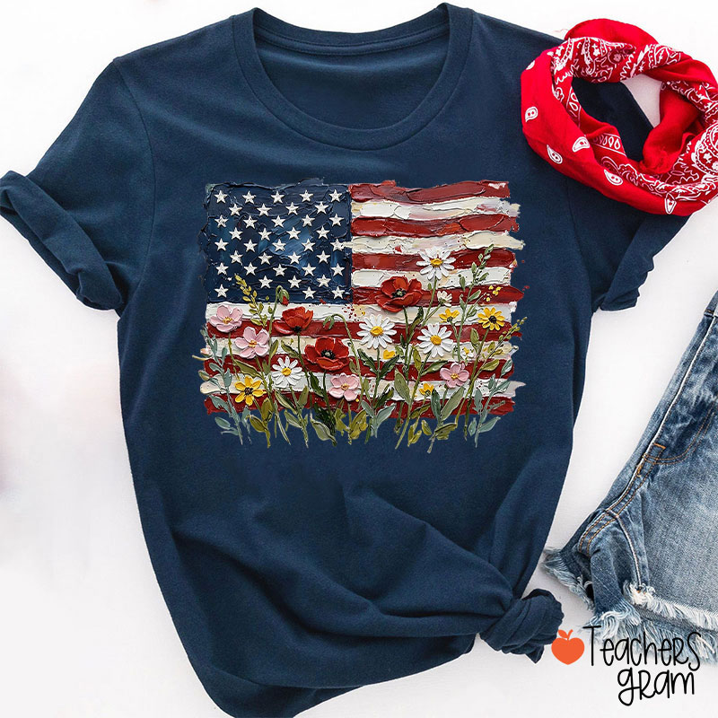 American Flag Floral Teacher T-Shirt