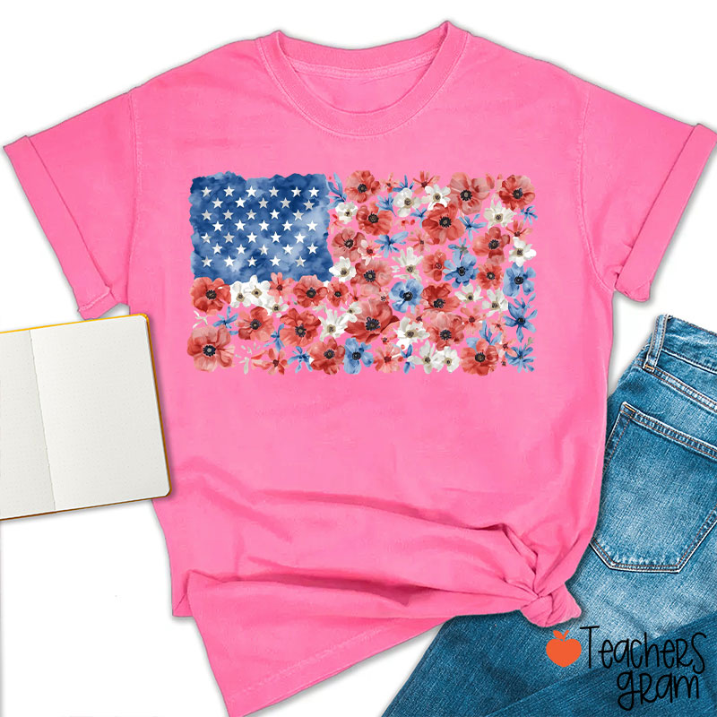 Vintage Floral USA Flag Teacher T-Shirt