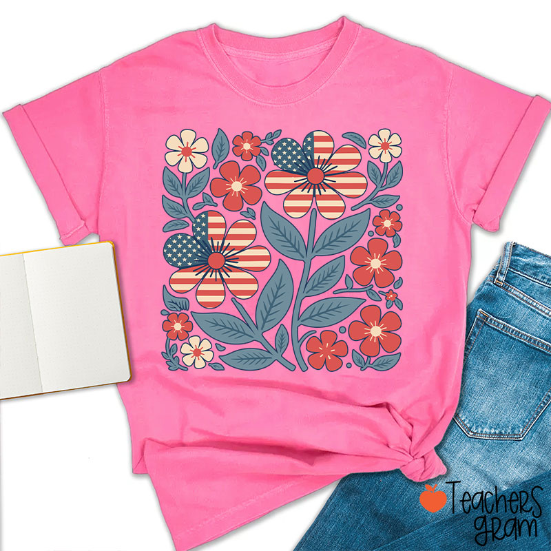 Boho Patriotic Daisy Teacher T-Shirt