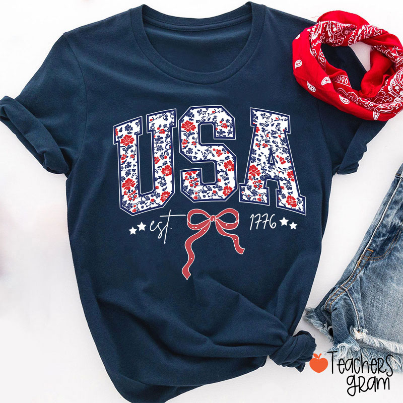 Floral USA Coquette Patriotic Teacher T-Shirt