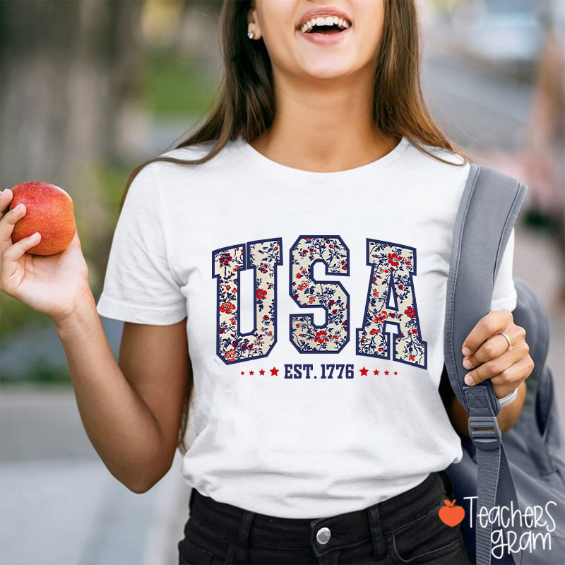 Retro Floral USA Teacher T-Shirt
