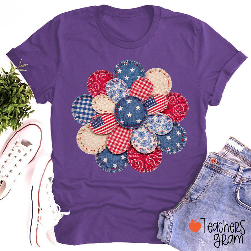 Faux Patchwork American Flag Flower Teacher T-Shirt