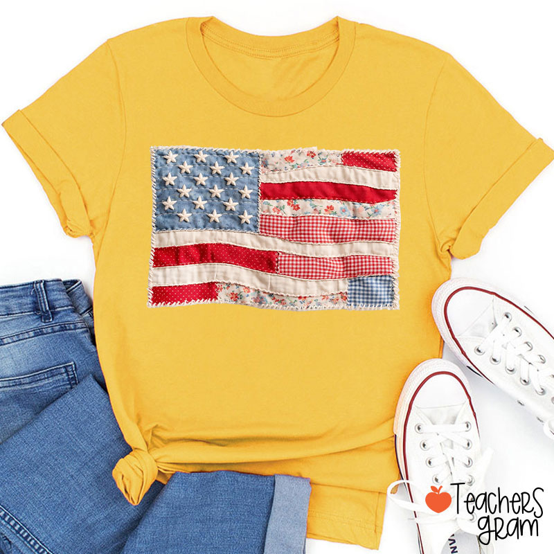 Faux Patchwork American Flag Teacher T-Shirt