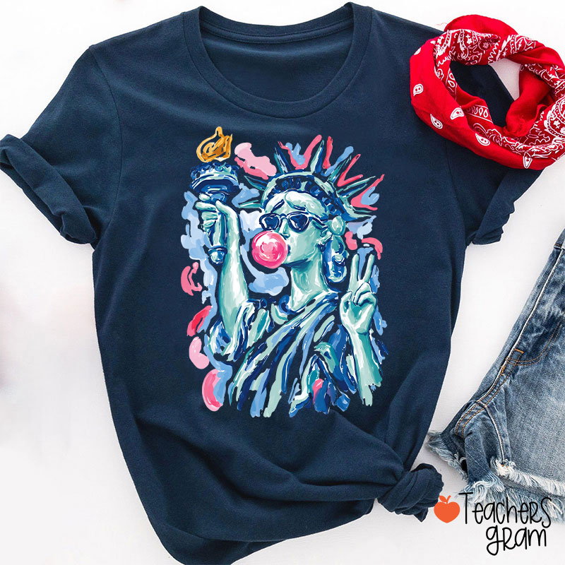 Preppy Statue Of Liberty Blowing Bubble Teacher T-Shirt