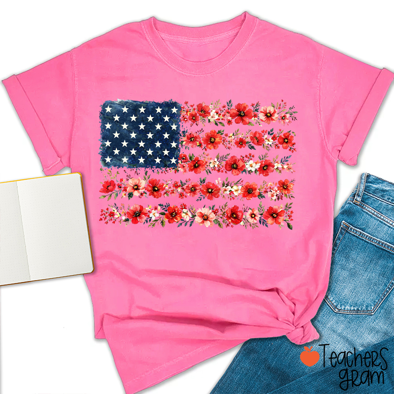 American Flag Wild Flower Teacher T-Shirt