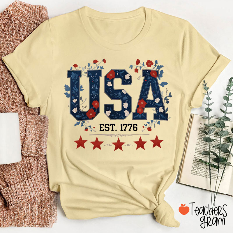 Floral USA Est 1776 Teacher T-Shirt