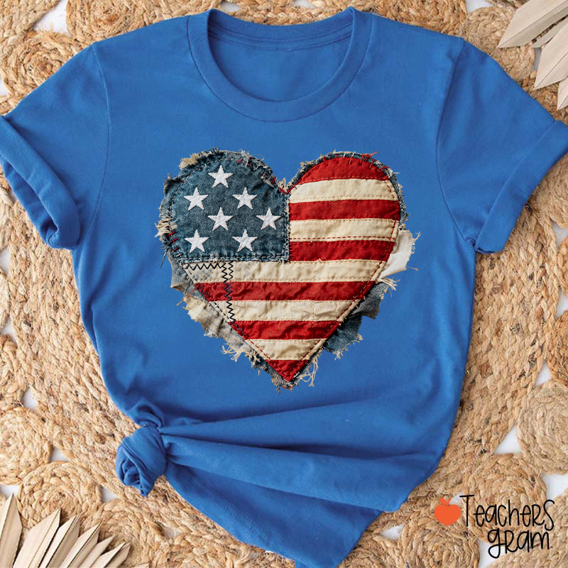 Faux Patchwork American Flag Heart Teacher T-Shirt