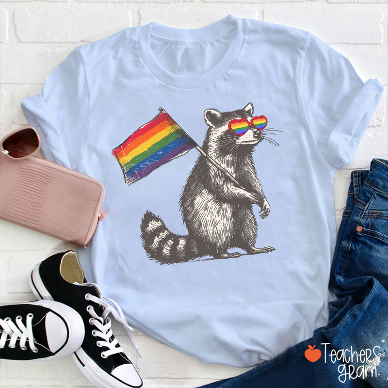 Funny Raccoon Rainbow Flag Pride Teacher T-Shirt