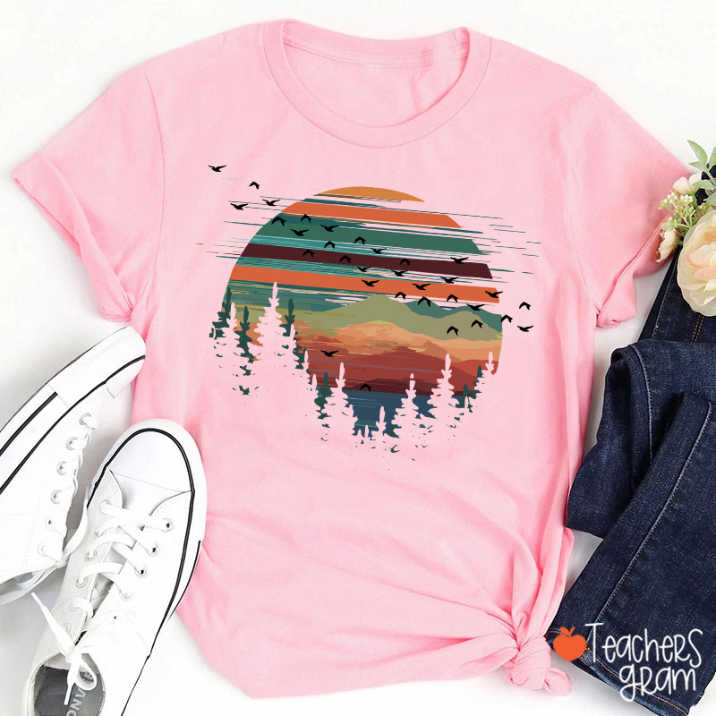 Retro Mountain Sunset Forest And Birds Teacher T-Shirt