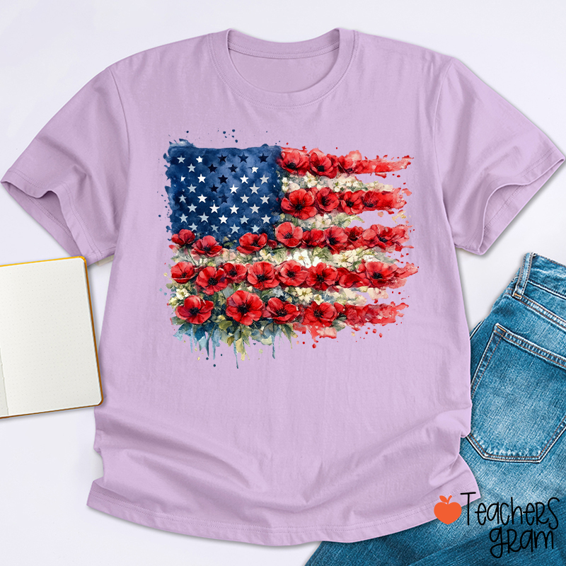 4th Of July Floral American Flag Teacher T-Shirt
