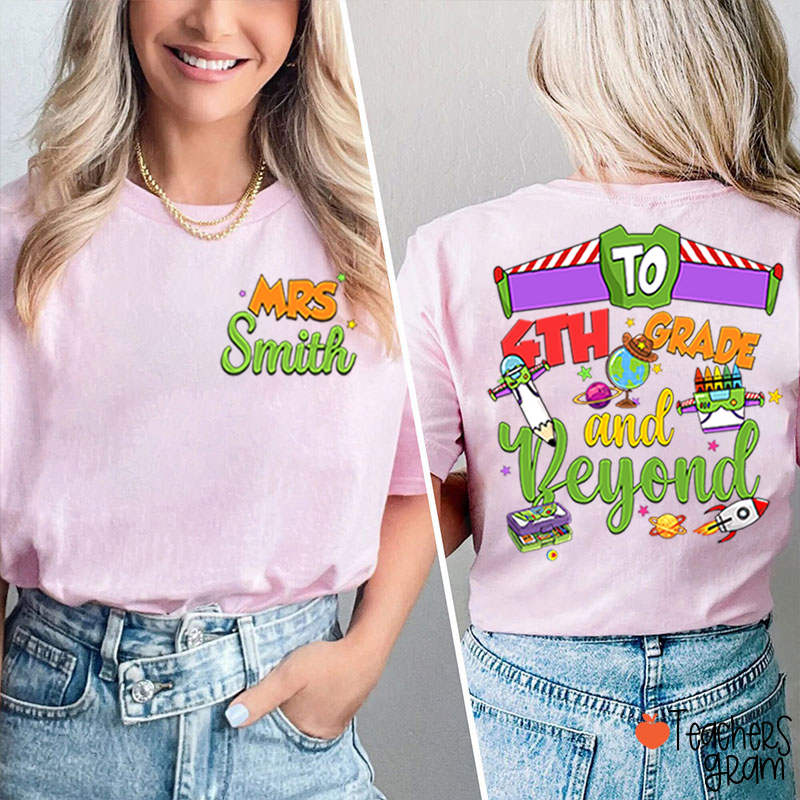 Personalized Grade Cartoon School Supply Rocket Teacher Two Sided T-Shirt