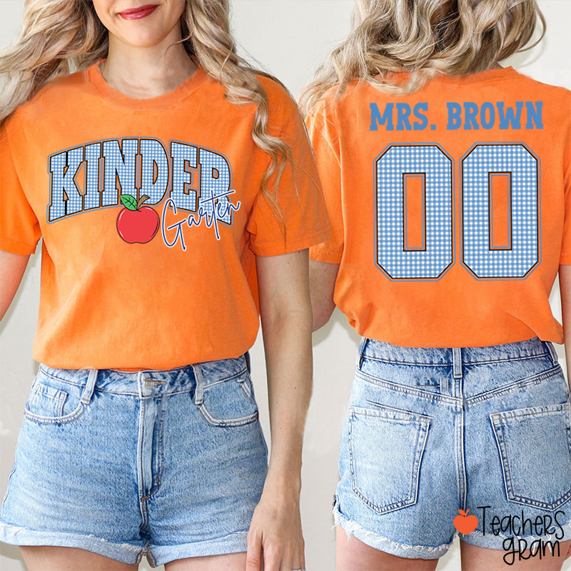 Personalized Grade And Name Checkered Letter Apple Teacher Two Sided T-Shirt