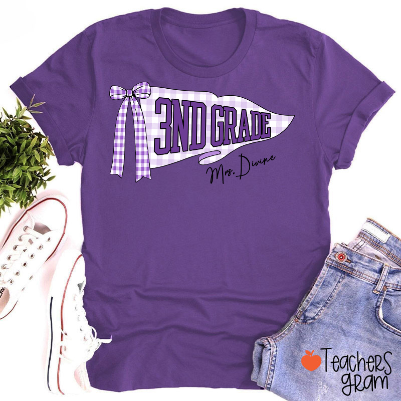 Personalized Grade And Name Gingham Bow Pennant Teacher T-Shirt