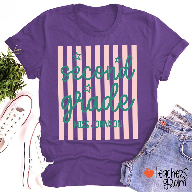Personalized Grade Blue Gingham Stripes Teacher T-Shirt