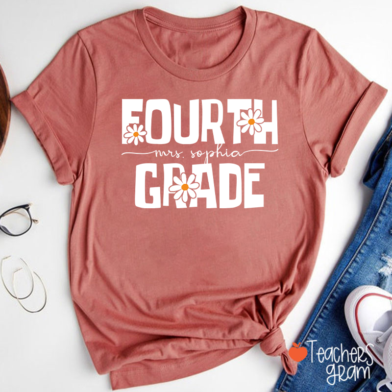 Personalized Name And Grade Daisy Floral Teacher T-Shirt