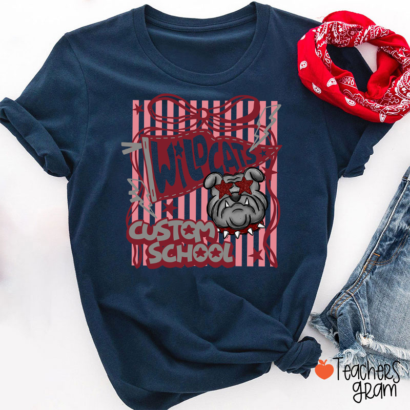 Personalized Mascot Coquette Bow Striped Teacher T-Shirt
