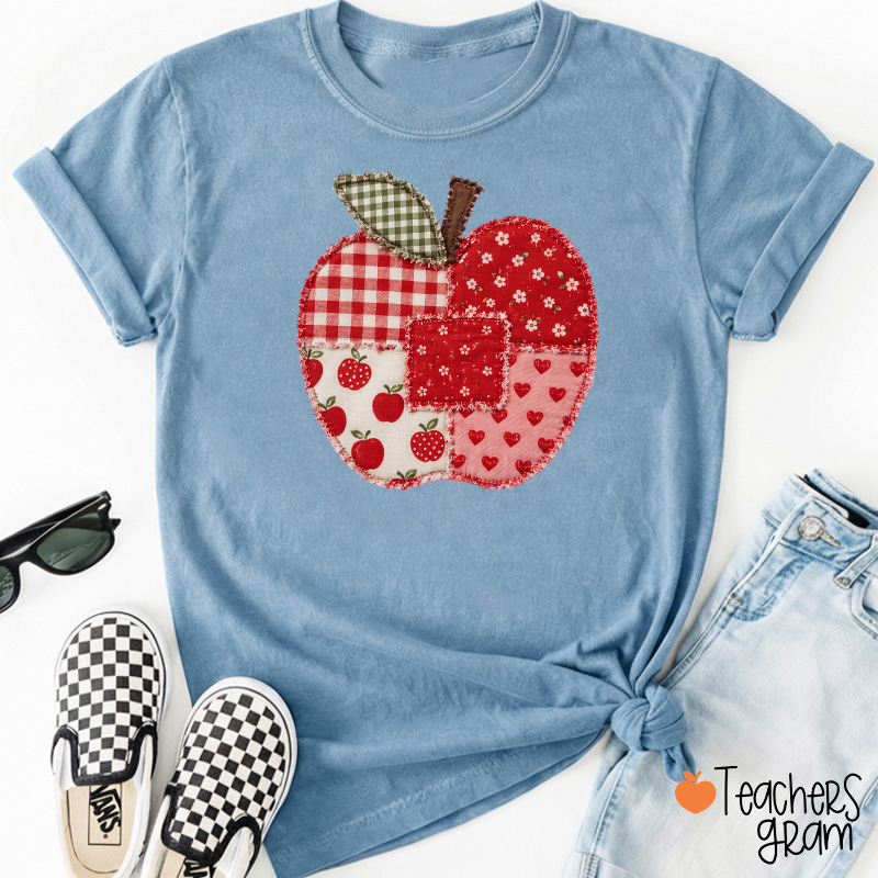 Vintage Patchwork Apple Gingham Floral Heart Teacher Graphic Teacher T-Shirt