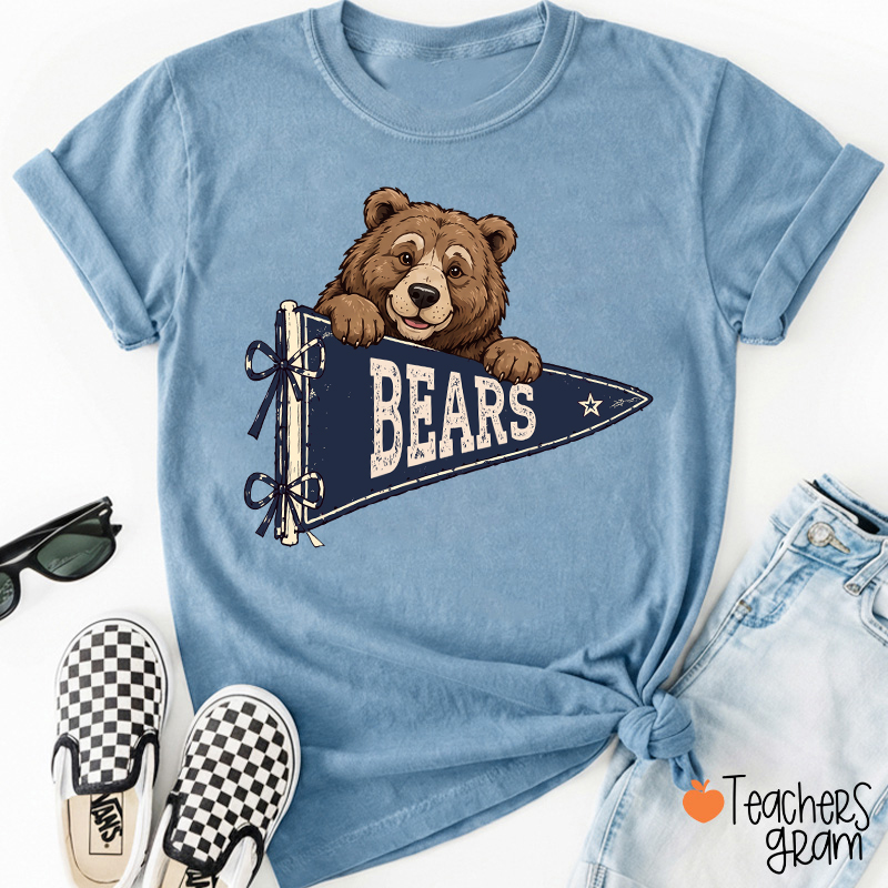 Personalized Mascot Team Name Vintage Pennant Bow Star Teacher T-Shirt
