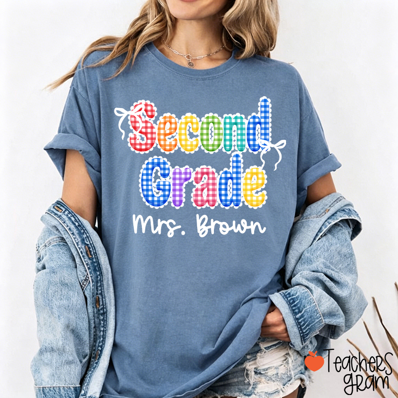 Personalized Grade Name Rainbow Gingham Teacher T-Shirt