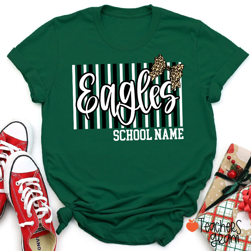 Personalized School Mascot Stripe Leopard Bow Teacher T-Shirt