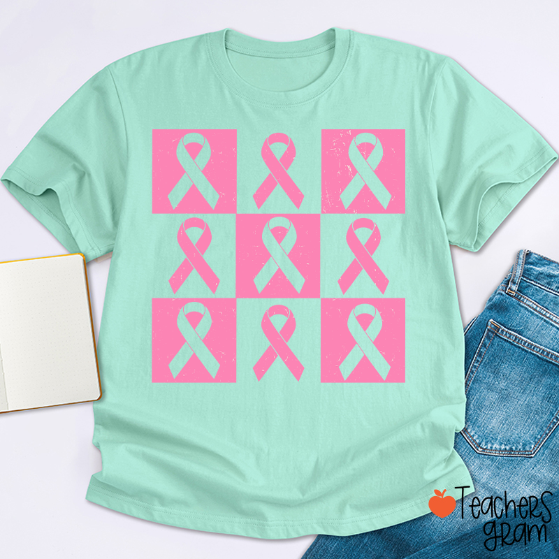Pink Ribbon Breast Cancer Awareness Teacher T-Shirt