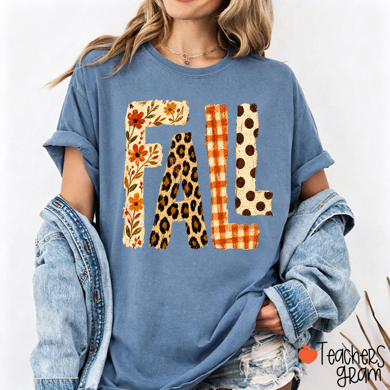 Vintage Patchwork Fall Letter Teacher T‑Shirt