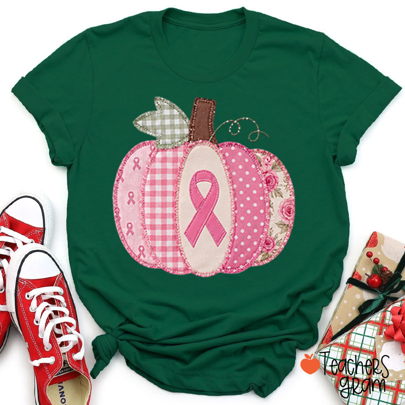 Pink Faux Patchwork Pumpkin Ribbon Teacher T‑Shirt