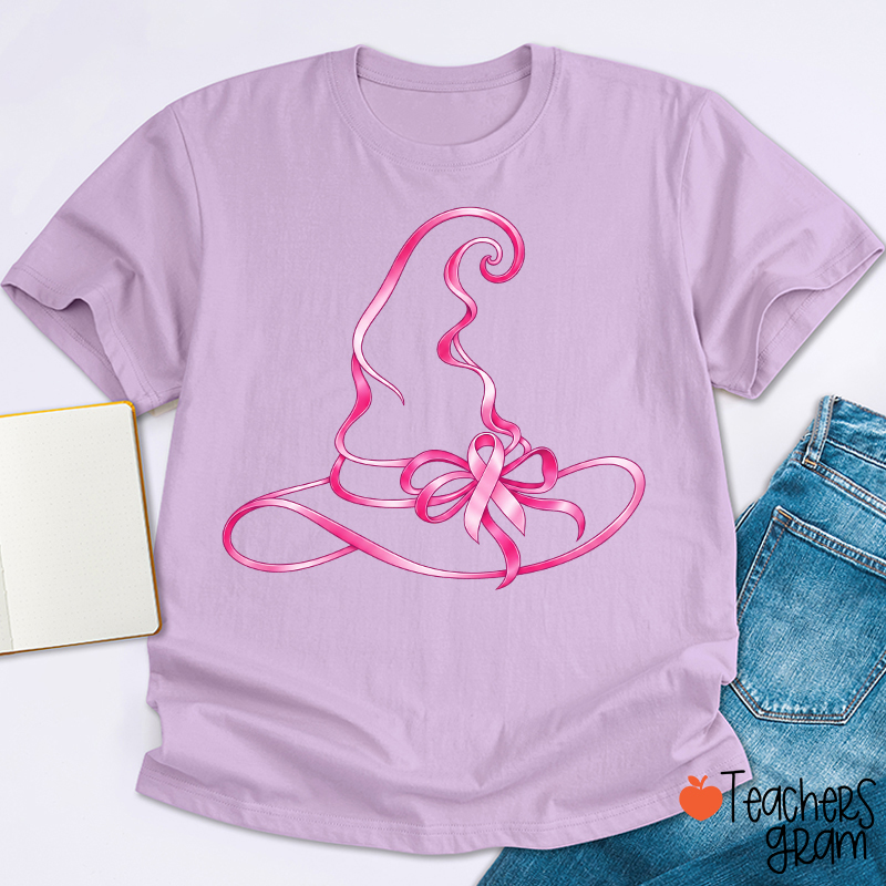 Halloween Witch Hat Pink Ribbon Breast Cancer Support Teacher T‑Shirt