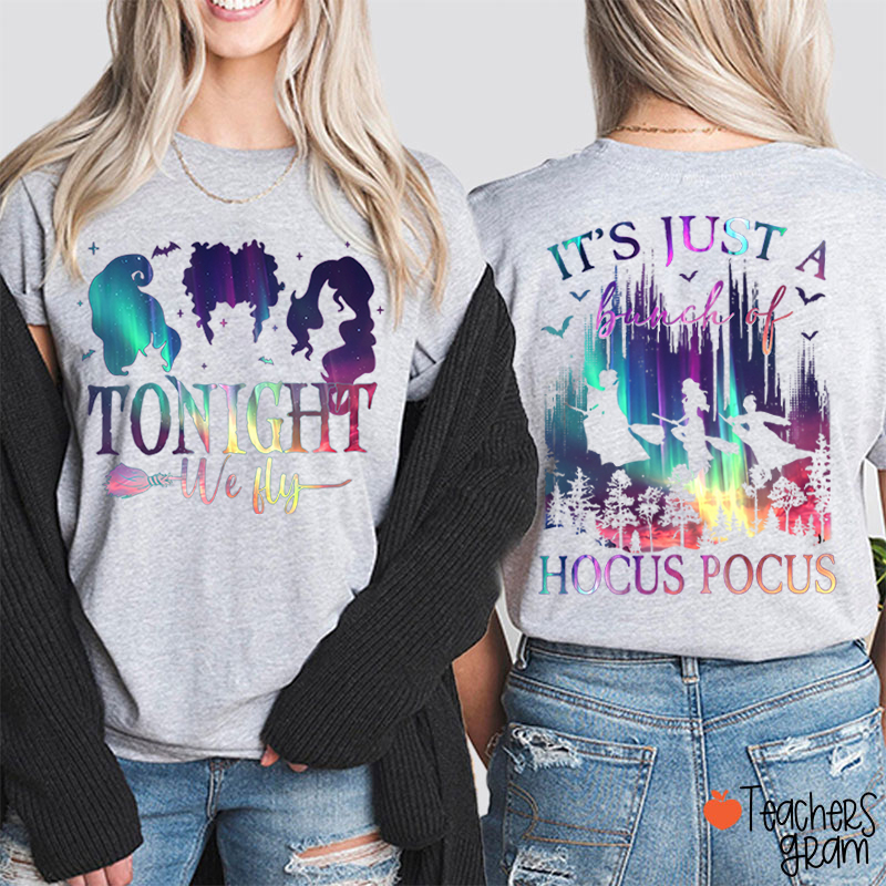 Tonight We Fly Witch Silhouette Broom Bat Teacher Two Sided T‑Shirt