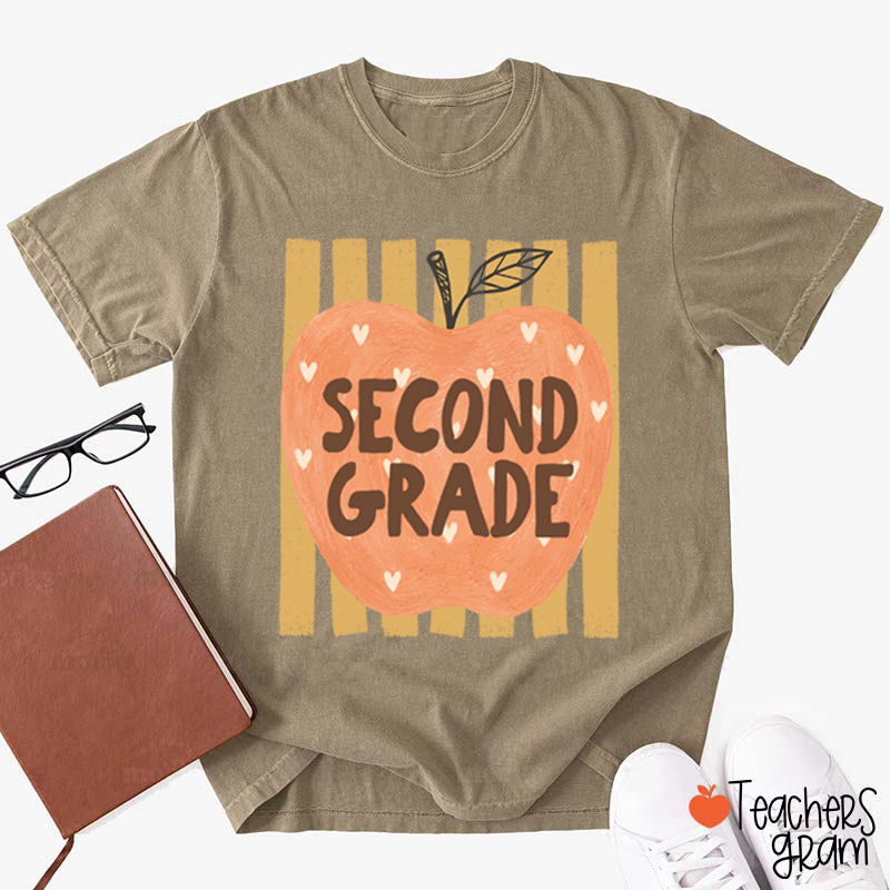 Personalized Grade Heart Apple Vertical Stripe Teacher T-Shirt