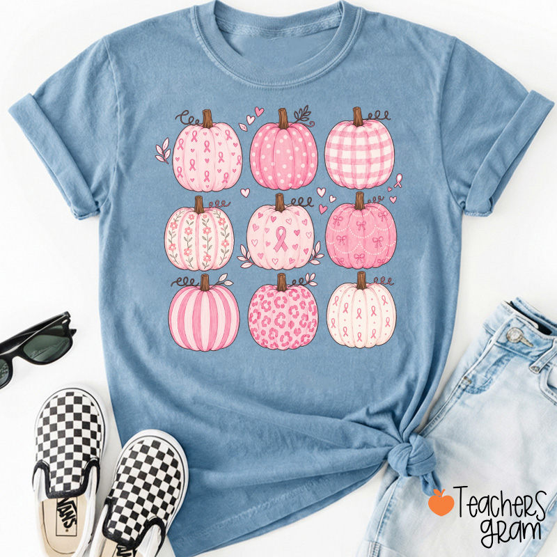 Pink Ribbon Breast Cancer Awareness Grid Pumpkin Teacher T-Shirt
