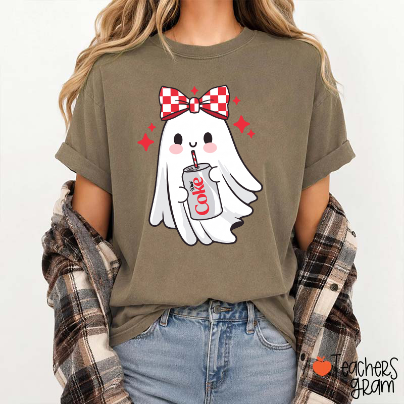 Cute Ghost With Red Checkered Bow Soda Drink Halloween Teacher T-Shirt