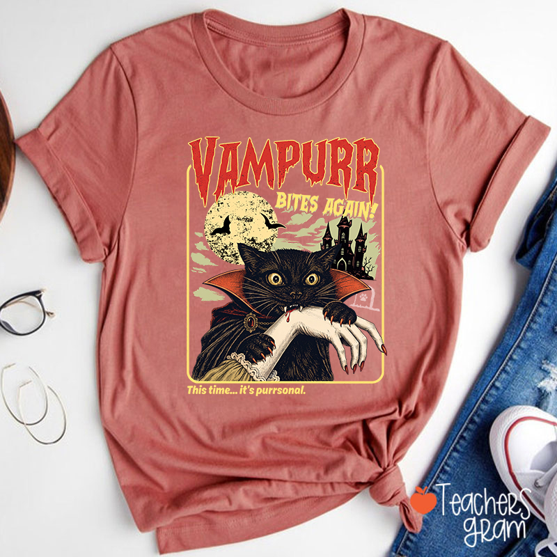 Vampurr Bites Again Vampire Black Cat Halloween Teacher T-Shirt