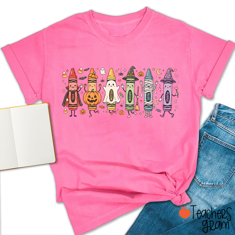 Halloween Cartoon Crayons Character Teacher T-Shirt