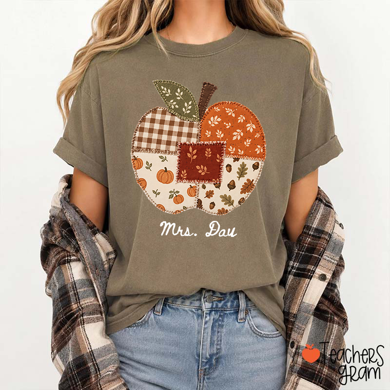Personalized Name Faux Patchwork Punkpkin Teacher T-Shirt