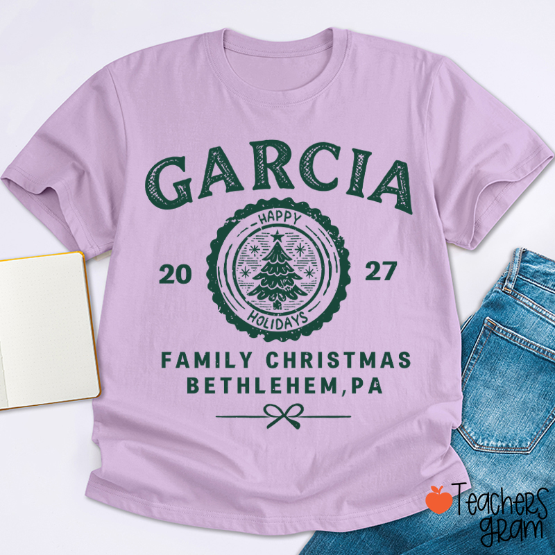 Personalized Vintage Family Christmas Crest Teacher T-Shirt