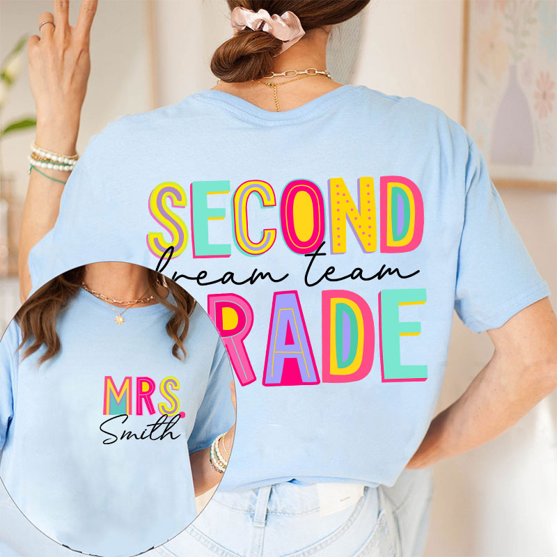 Personalized Teacher's Name And Grade Colorful Letter Design Teacher Two Sided T-Shirt