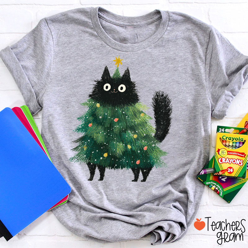 Christmas Tree Black Cat Teacher T-Shirt