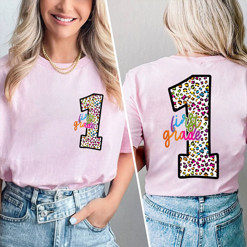 Personalized Colorful Leopard Letter Is For Teacher Two Sided T-Shirt