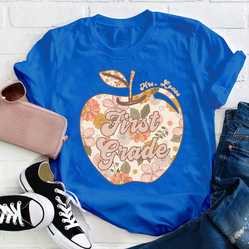 Personalized Vintage Floral Print Apple Teacher T-Shirt