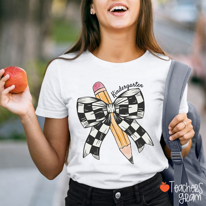 Personalized Grade Checkered Bow Pencil Teacher T-Shirt